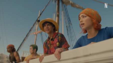One Piece live action Straw Hat Pirates members Usopp, Zoro, Luffy, and Nami