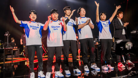 DRX poses onstage after victory against Natus Vincere at VALORANT Champions Los Angeles Group Stage at the Shrine Expo Hall on August 7, 2023 in Los Angeles, California