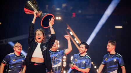 Evil Geniuses celebrate their victory against Paper Rex with a trophy lift at VALORANT Champions Los Angeles Grand Finals at the Kia Forum on August 26, 2023 in Los Angeles, California