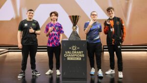 Matias "Saadhak" Delipetro of LOUD, Jason "fOrsakeN" Susanto of Paper Rex, Kelden "Boostio" Pupello of Evil Geniuses and Jake "Boaster" Howlett of Fnatic pose at VALORANT Champions Los Angeles Media Day on August 23, 2023 in Los Angeles, California. (Photo by Stefan Wisnoski/Riot Games)