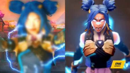 Rachell "Valkyrae" Hofstetter Neon cosplay side by side with screenshot taken from the Neon cinematic trailer