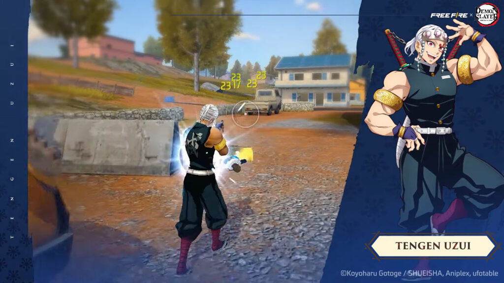 Una captura de pantalla de una secuencia de juego que muestra el aspecto Tengen Uzui en Free Fire del tráiler de Booyah Day 