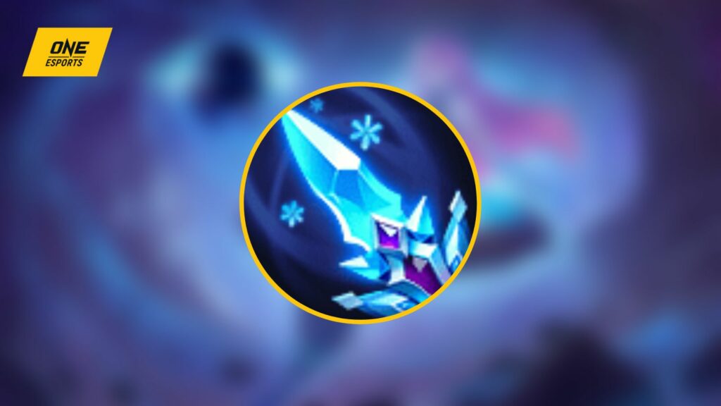 Ice Queen Wand, a magic item in Mobile Legends: Bang Bang, with mage hero Novaria in the backdrop