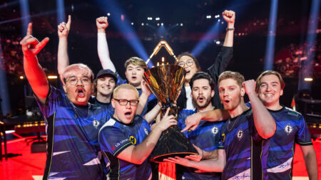 Evil Geniuses pose with the VALORANT Champions Los Angeles Trophy after victory at the Grand Finals at the Kia Forum on August 26, 2023 in Los Angeles, California