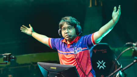 Cahya "Monyet" Nugraha of Global Esports reacts during the VALORANT Champions Tour 2023: LOCK//IN Groups Stage on February 23, 2023 in Sao Paulo, Brazil