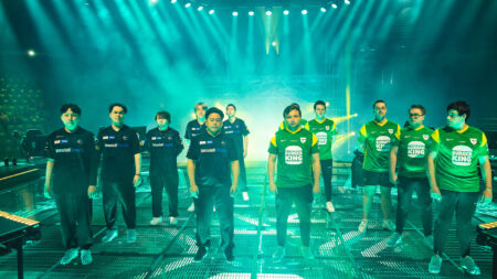 DetonatioN FocusMe (L) and Giants pose onstage before competing at the VALORANT Champions Tour 2023: LOCK//IN Groups Stage on February 13, 2023 in Sao Paulo, Brazil