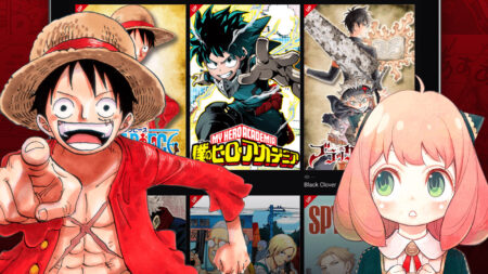 Manga Plus app by Shueisha featuring One Piece's Luffy and Spy x Family's Anya