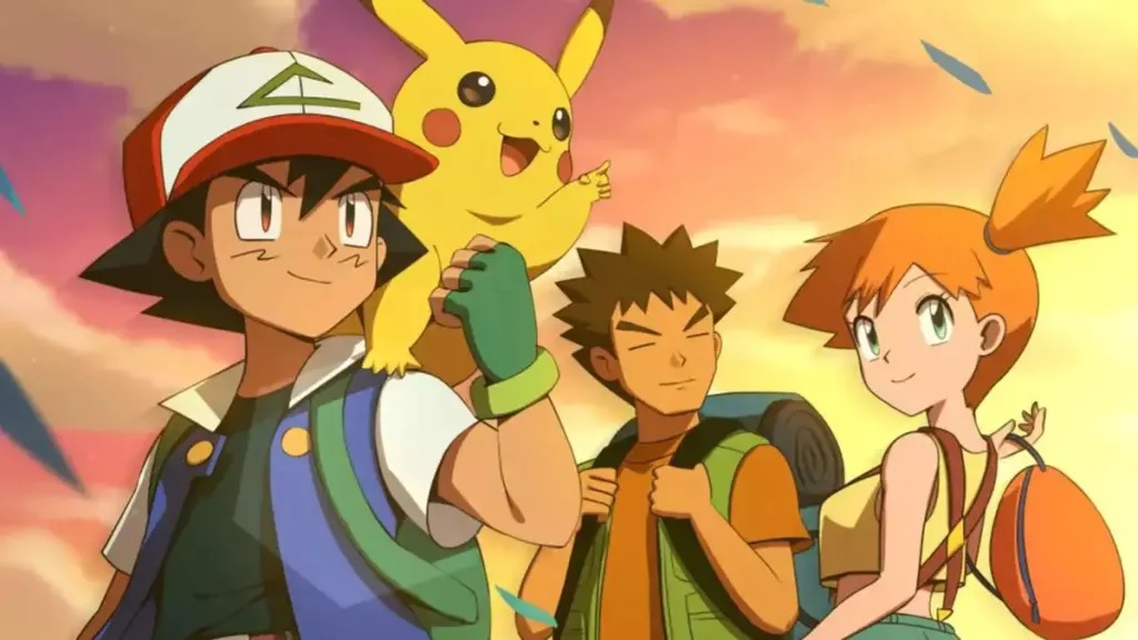Ash, Pikachu, Brock y Misty en el primer anime de Pokémon