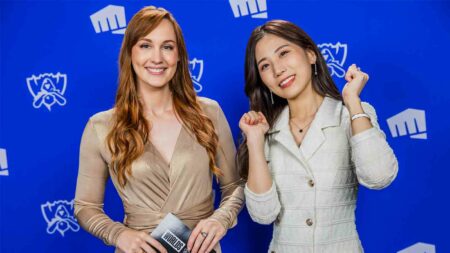 Eefje "Sjokz" Depoortere (L) and Jeesun Park are seen at the League of Legends World Championship Finals on November 5, 2022 in San Francisco, CA