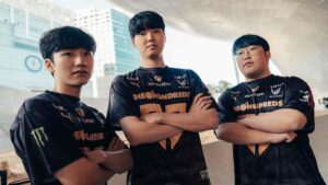 Gen.G Han "Peanut" Wang-ho, Jeong "Chovy" Ji-hoon and Yoo "Delight" Hwan-joong of Gen.G at the League of Legends World Championship 2023 Swiss Features Day on October 17, 2023 in Seoul, South Korea