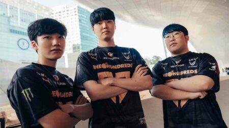 Gen.G Han "Peanut" Wang-ho, Jeong "Chovy" Ji-hoon and Yoo "Delight" Hwan-joong of Gen.G at the League of Legends World Championship 2023 Swiss Features Day on October 17, 2023 in Seoul, South Korea