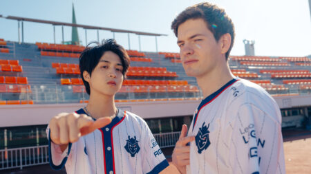 Steven "Hans Sama" Liv (L) and Mihael "Mikyx" Mehle of G2 Esports at the League of Legends World Championship 2023 Swiss Features Day on October 16, 2023 in Seoul, South Korea.