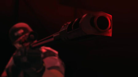 valorant agent holding the operator sniper rifle on sunset