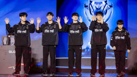 T1 enters the stage at the League of Legends World Championship 2023 Knockout Stage on November 5, 2023 in Busan, South Korea