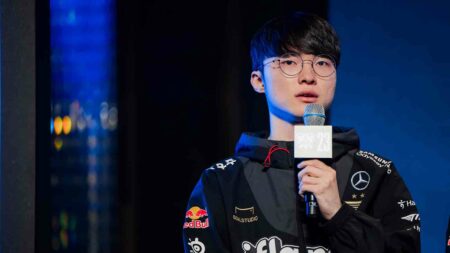 Lee "Faker" Sang-hyeok of T1 speaks on stage at the League of Legends World Championship 2023 Media Day on November 15, 2023 in Seoul, South Korea