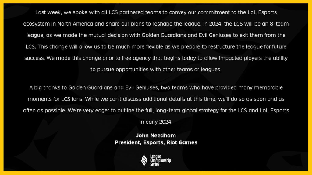 Anuncio oficial de LCS 2024 que anuncia el lanzamiento de Evil Geniuses y Golden Guardians de la franquicia