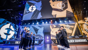 Evil Geniuses (L) and Golden Guardians pose onstage before competing during the Playoffs of the 2023 LCS Spring Split at the Riot Games Arena on March 31, 2023.
