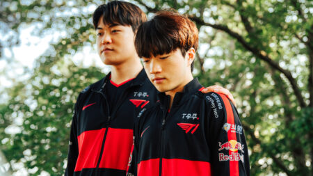 Lee "Gumayusi" Min-hyeong (L) and Ryu "Keria" Min-seok of T1 pose at the League of Legends - Mid-Season Invitational Rumble Features Day on May 18, 2022 in Busan, South Korea.