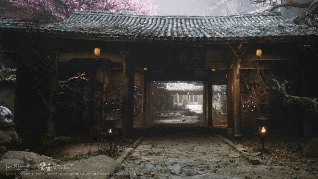 Fondo de pantalla oficial de Black Myth Wukong que muestra la entrada del templo 