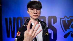 Lee "Faker" Sang-hyeok of T1 poses after victory at League of Legends World Championship 2023 Finals at Gocheok Sky Dome on November 19, 2023 in Seoul, South Korea