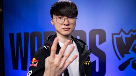 Lee "Faker" Sang-hyeok of T1 poses after victory at League of Legends World Championship 2023 Finals at Gocheok Sky Dome on November 19, 2023 in Seoul, South Korea