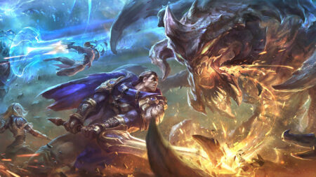 League of Legends wallpaper featuring Garen and Lux fighting Baron Nashor and Lucian fighting Xerath
