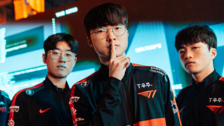 (L-R) Choi “Zeus” Woo-je, Lee "Faker" Sang-hyeok and Ryu "Keria" Min-seok of T1 pose at the League of Legends - Mid-Season Invitational Knockouts Features Day on May 25, 2022 in Busan, South Korea.