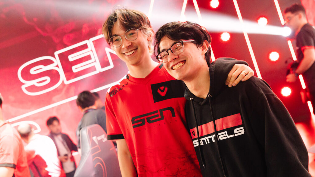 Tyson "TenZ" Ngo (L) and Zachary "zekken" Patrone of Sentinels pose onstage after victory against 100 Thieves during 2023 VCT Americas Last Chance Qualifier at the Riot Games Arena on July 16, 2023.