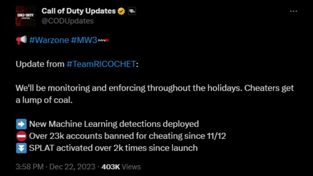 23.000 cheater di Call of Duty sono stati bannati attraverso il programma anti-cheat RICOCHET