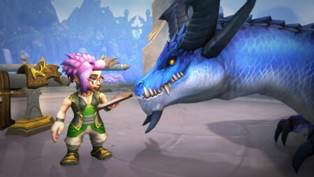 World of Warcraft Dragonflight Gnome and blue dragon