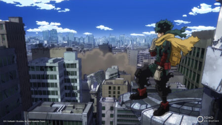 My Hero Academia's Izuku Midoriya looking over the city in Bones and Toho Animation's season 6 promotional image