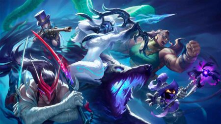 LoL official splashart wallpaper featuring Yone, Caitlyn, Kindred, Illaoi, and Veigar