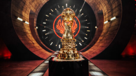 A view of the MSI trophy on display at the League of Legends - Mid-Season Invitational Finals on May 21 2023 in London, England.