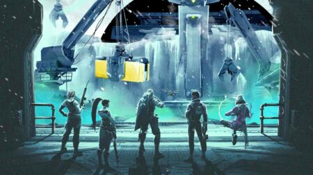 Valorant Icebox map official Riot Games art showing yellow container and agents Skye, Sage, Sova, Yoru, and Astra's backs