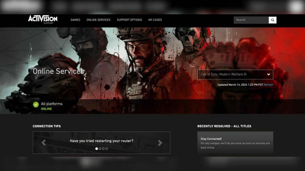 Página web de servicios en línea de soporte de Activision para verificar el estado de los servidores Call of Duty Warzone y MW3