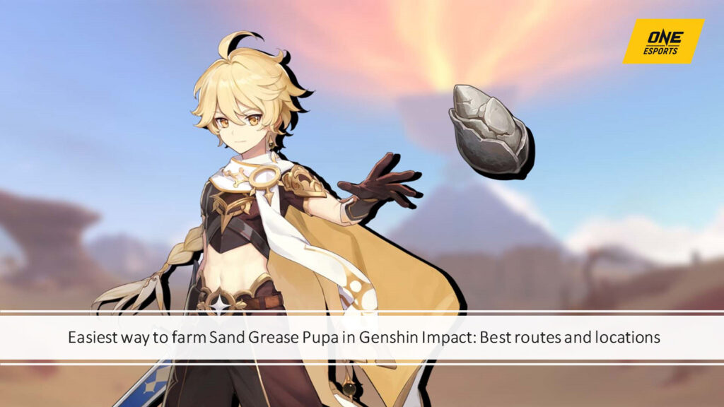 Traveler Aether and Sand Grease Pupa material in ONE Esports featured image for article "How to farm Sand Grease Pupa in Genshin Impact"