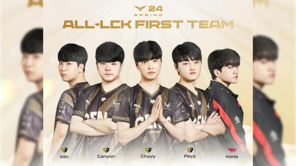 All-LCK Spring 2024 first team featuring Kiin, Canyon, Chovy, Peyz, and Keria