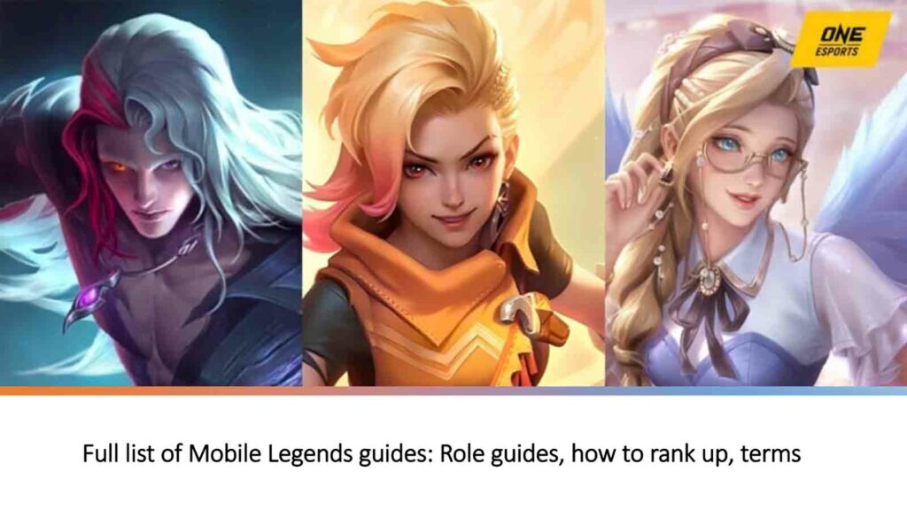 Guías de roles de ONE Esports Mobile Legends, cómo subir de rango, términos de MLBB, imagen destacada que muestra a Arlott, Ixia y Rafaela