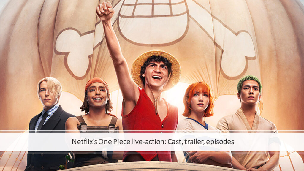 One Piece live action cast Taz Skylar as Sanji, Jacob Gibson as Usopp, Inaki Godoy as Luffy, Emily Rudd as Nami, and Mackenyu as Zoro in ONE Esports featured image for article "A closer look at Netflix’s One Piece live-action cast"