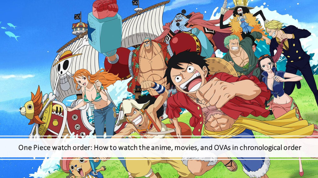 Miembros de los Piratas de Sombrero de Paja de One Piece, Monkey D. Luffy, Roronoa Zoro, Nami, Usopp, Vinsmoke Sanji, Tony Tony Chopper, Nico Robin, Franky, Brook, Jinbe en la imagen destacada de ONE Esports para el artículo "Orden de visualización de One Piece: cómo ver anime, películas y OVA en orden cronológico"