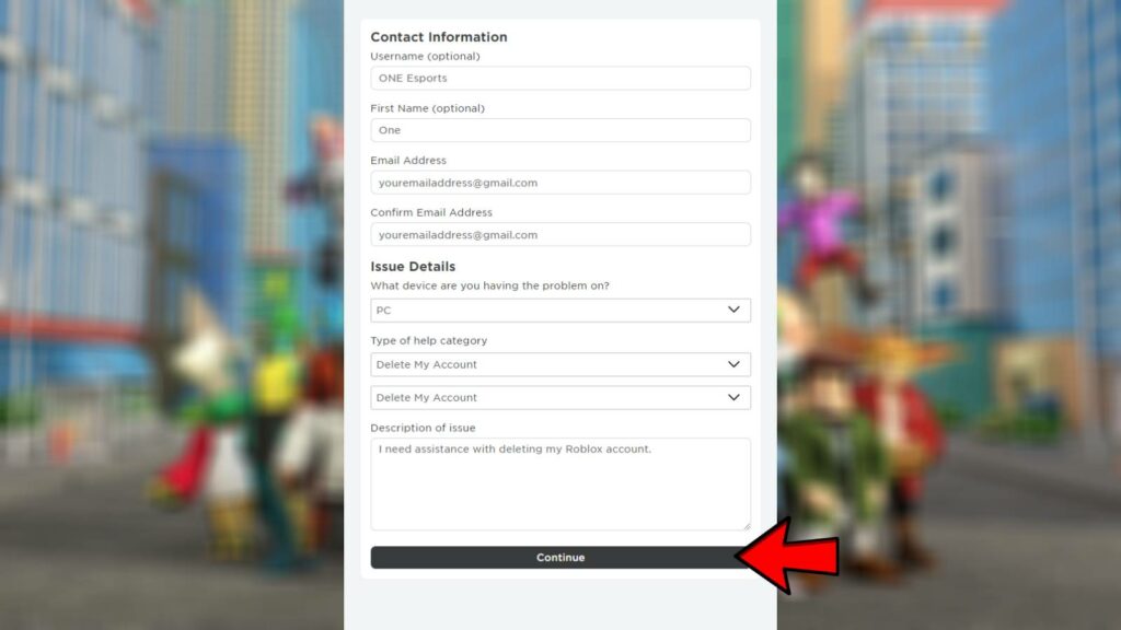 Modulo di supporto Roblox completato inviato al servizio clienti Roblox richiedendo di eliminare l'account Roblox
