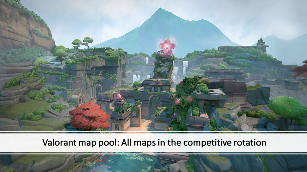 Valorant map Lotus with the text of all Valorant maps in the competitive rotation