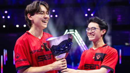 Tyson "TenZ" Ngo and Zachary "zekken" Patrone of Sentinels at VALORANT Masters Madrid Grand Finals at the Madrid Arena on March 24, 2024 in Madrid, Spain