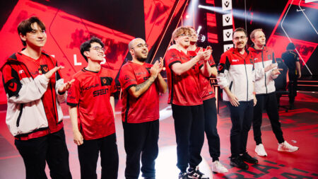 Sentinels seen onstage after victory at VCT AMERICAS Kickoff on Day 1 of Week 3 at Riot Games Arena on March 2, 2024
