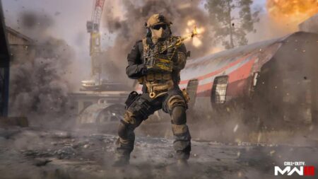 MW3 opreator stands firing weapon in front of crashed plane
