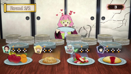 Demon Slayer Sweep the Food Delivery minigame featuring Mitsuri Kanroji being feed by players