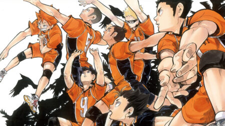 Haikyuu manga official art featuring Karasuno High's volleyball players including, Shoyo Hinata, Tobio Kageyama, Ryunosuke Tanaka, Kei Tsukishima, Ashi Azumane, Yu Nishinoya, and Daichi Sawamura