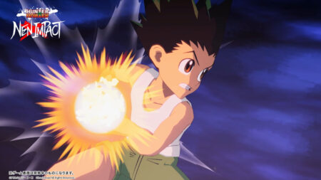 Hunter x Hunter fighting game key image showing Gon Freecss about to unleash his Rock, Paper, and Scissors technique