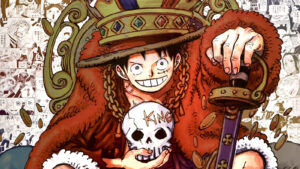 Monkey D. Luffy wearing a crown and holding skull