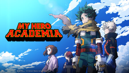 My Hero Academia main characters Midoriya Izuku, Ochaco Uraraka, Katsuki Bakugo, and Shoto Todoroki in the season 7 key art